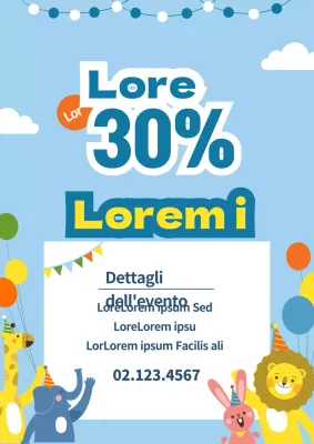 Promuovete una vendita per la Giornata dei bambini con un simpatico concept con illustrazioni di animali in blu.