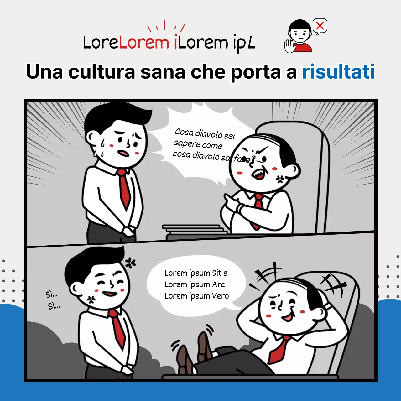 Le buone maniere in ufficio e una sana cultura organizzativa in un concept webtoon blu e grigio