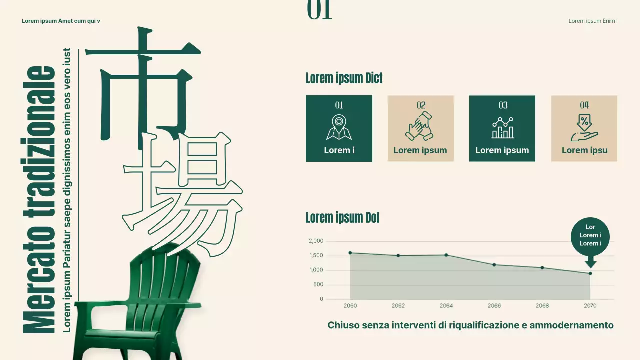 Piano per rivitalizzare i mercati tradizionali utilizzando oggetti e tipografia verde e beige