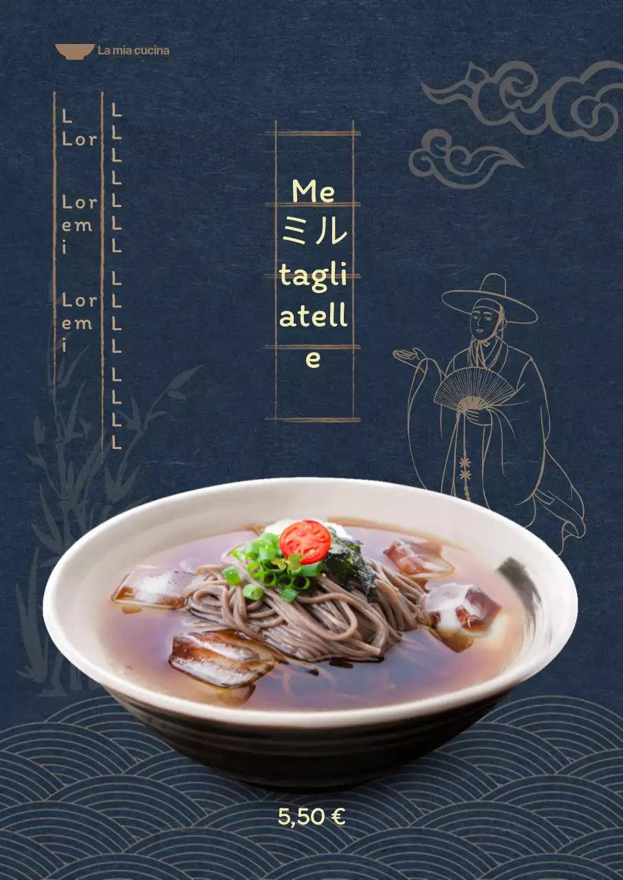 Menu estivo con sfondo blu scuro e illustrazioni orientali