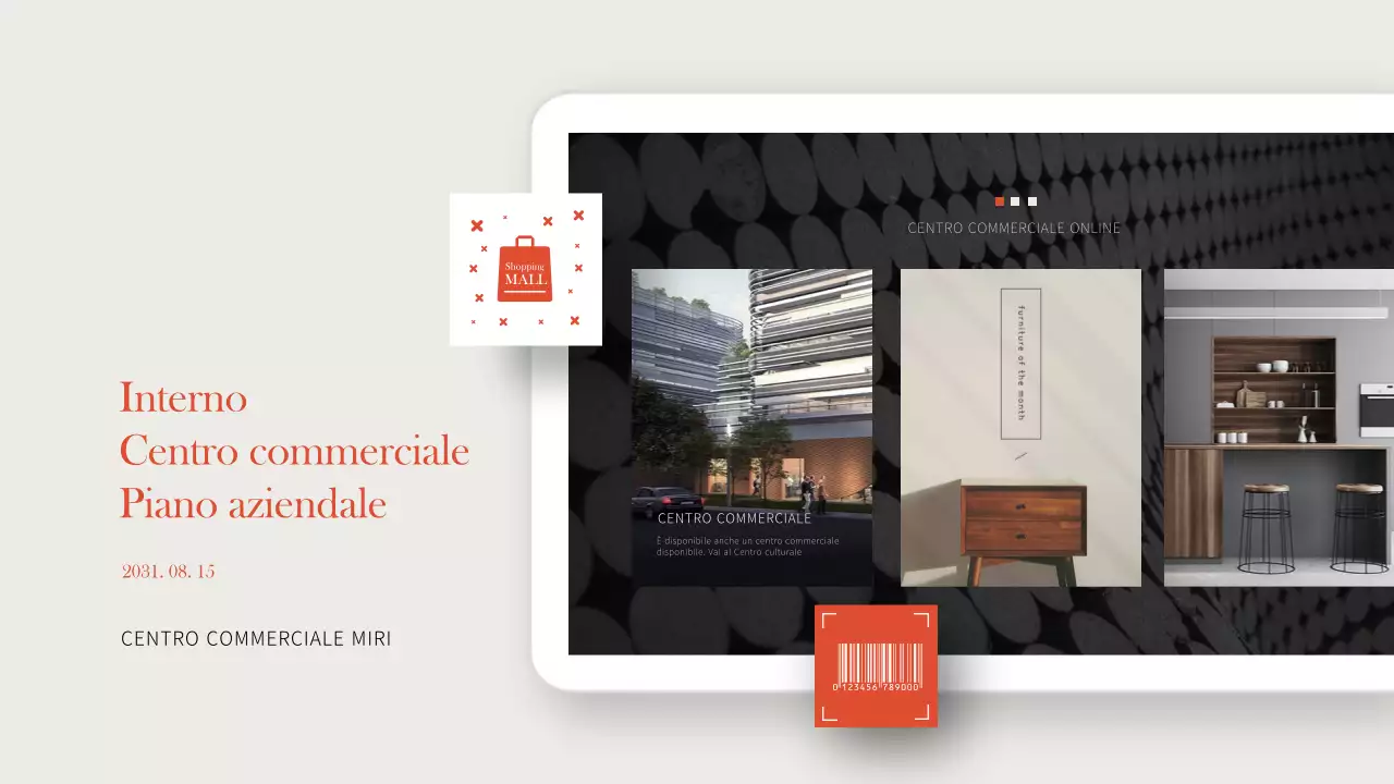 Interni semplici e caldi in arancione e marrone Business plan di un centro commerciale