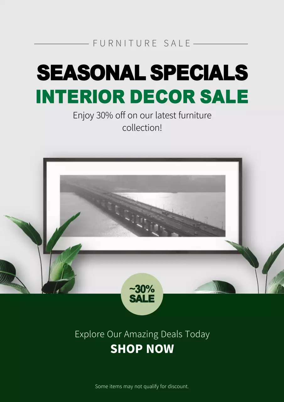 Flyer promoting a discount event for modern home decor items in green and gray