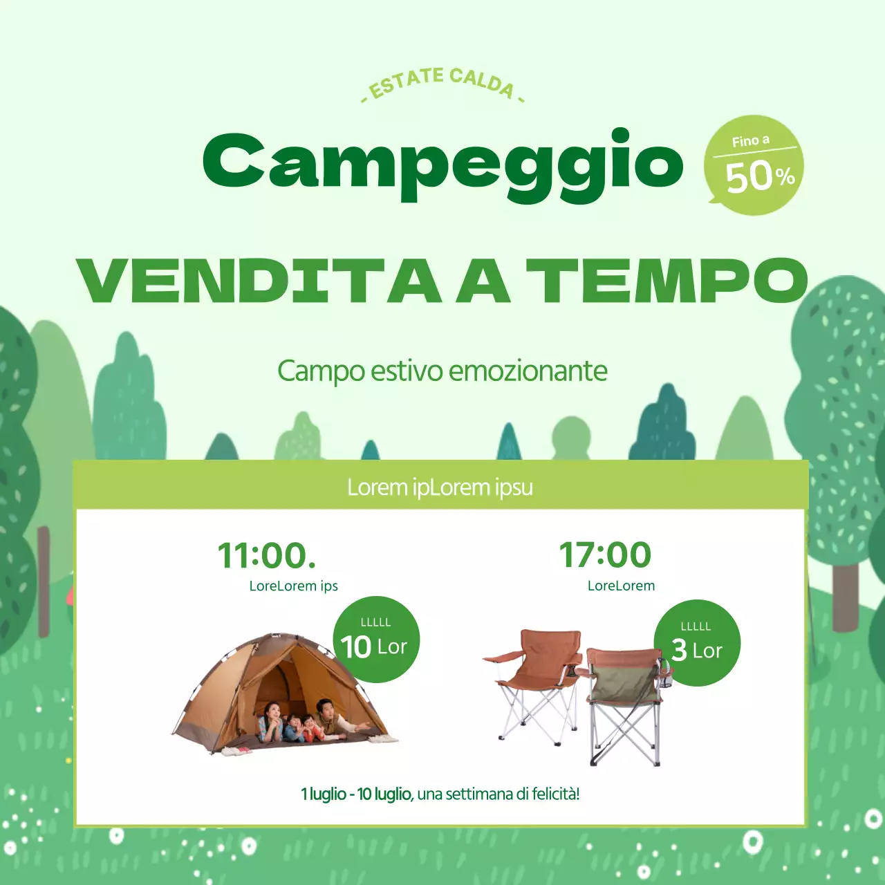 Striscione quadrato verde lime per la vendita di campeggi