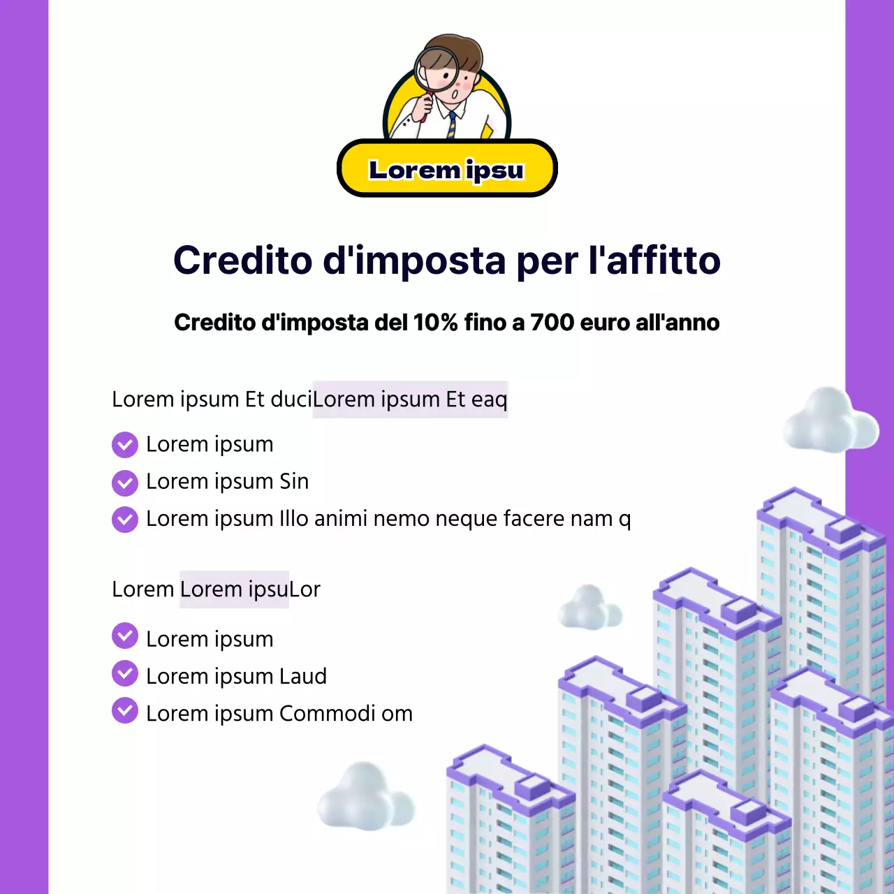 Riconciliazione di fine anno con simpatiche illustrazioni viola e gialle