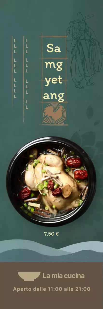 Menu estivo con sfondo verde scuro e illustrazioni orientali