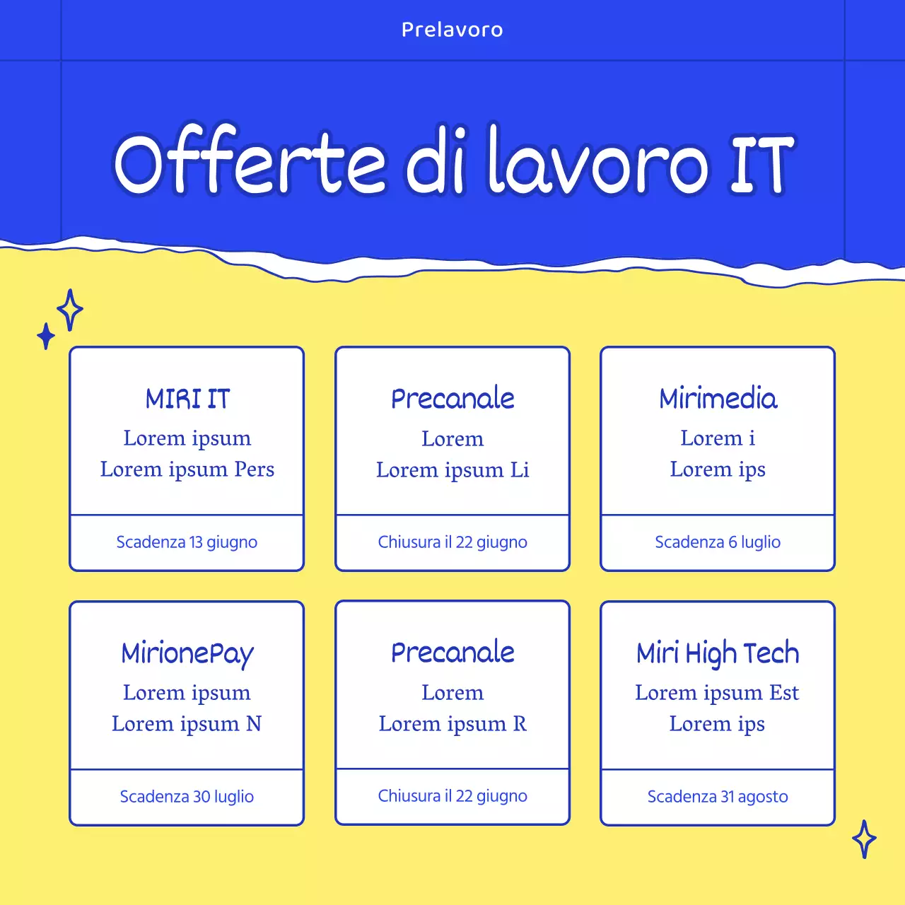 Annunci di lavoro aziendali con illustrazioni eleganti e alla moda in blu e giallo.