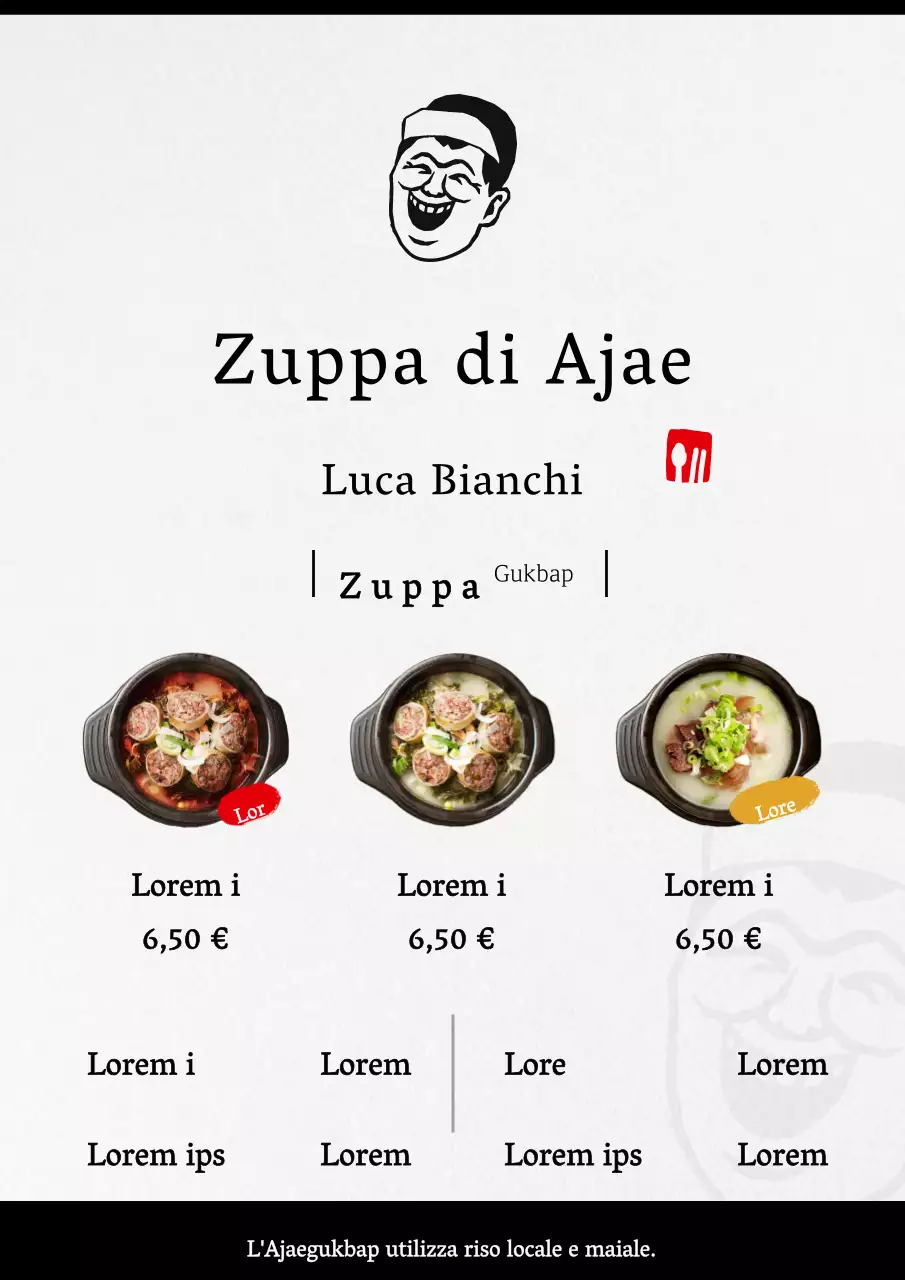 Una scheda menu in bianco e nero, calma e pulita, per un ristorante di riso con un'illustrazione umana.