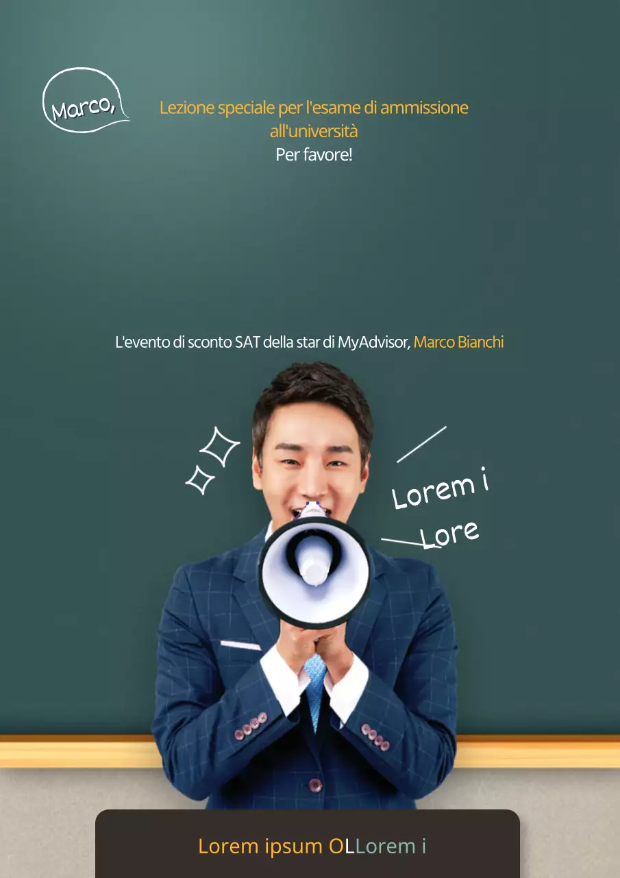 Promozione di un evento scolastico di ammissione all'università con un concetto di lavagna verde e gialla