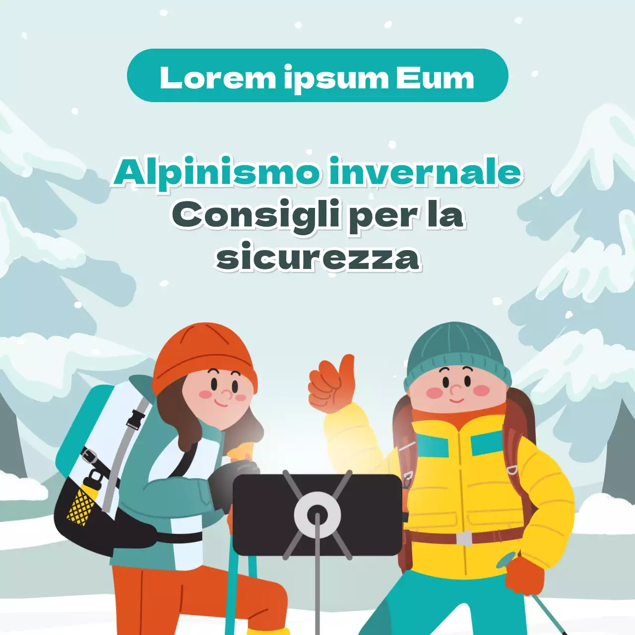 Simpatiche illustrazioni in azzurro e verde Consigli per la sicurezza in montagna in inverno