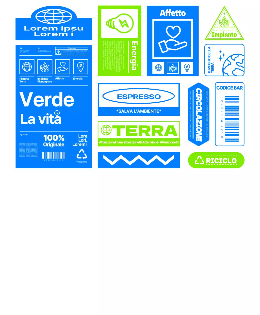 Semplice concetto di adesivo per pacchi maglietta di un gruppo ambientalista in blu e verde lime.