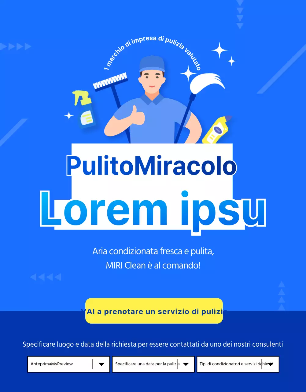 Una semplice pubblicità blu e gialla per la pulizia dei condizionatori d'aria