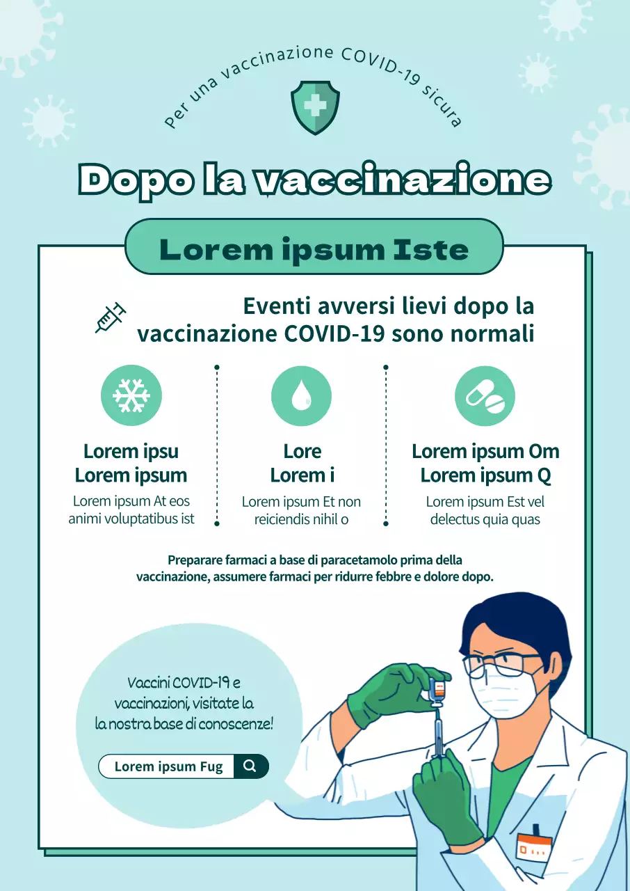 Istruzioni illustrate per la vaccinazione contro il coronavirus in azzurro e verde