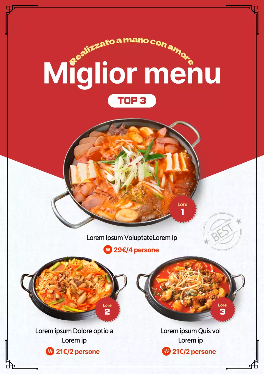 Promuovete il vostro menu a base di ciotole di riso con il contrasto del bianco e del rosso.