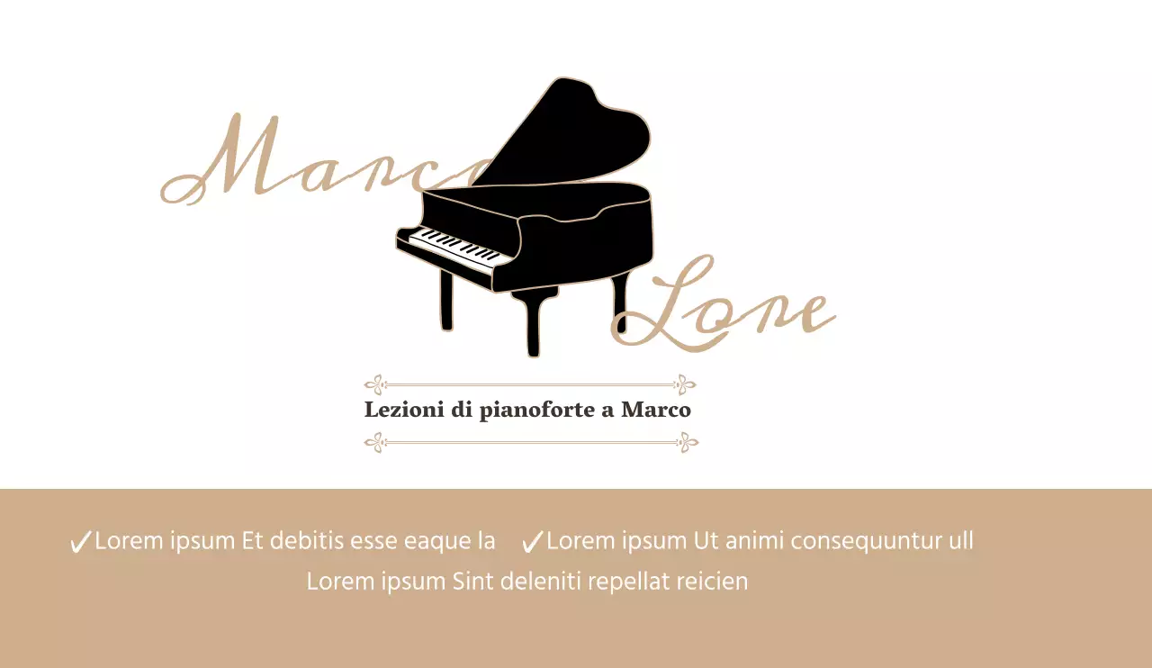 Design promozionale pulito e semplice per la scuola di pianoforte e strumenti, con toni beige e un'atmosfera rilassante.