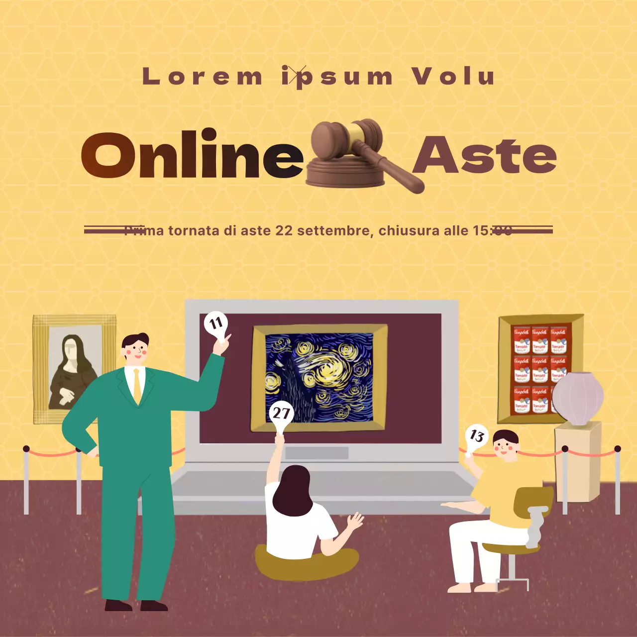 Un concetto di illustrazione pulito tema di asta d'arte online in combinazione di colori giallo-bordeaux