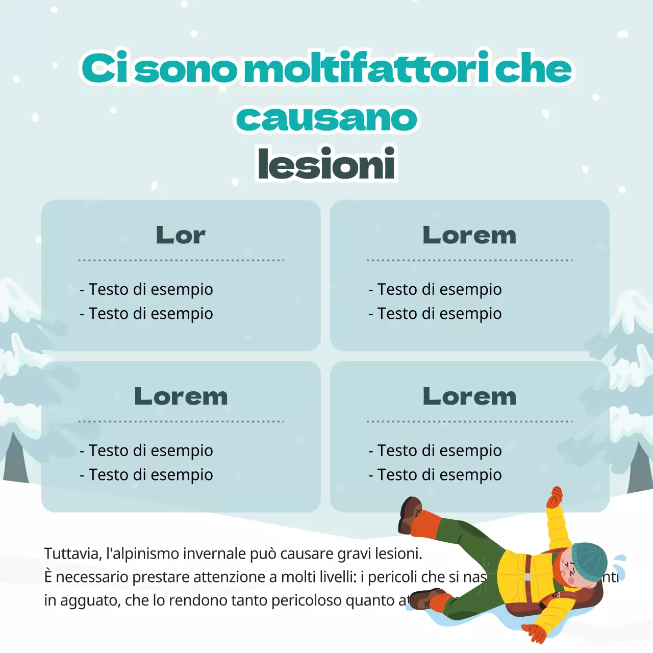 Simpatiche illustrazioni in azzurro e verde Consigli per la sicurezza in montagna in inverno