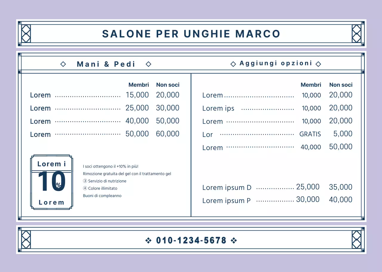 Cartella menu nail art in una cornice decorativa vintage