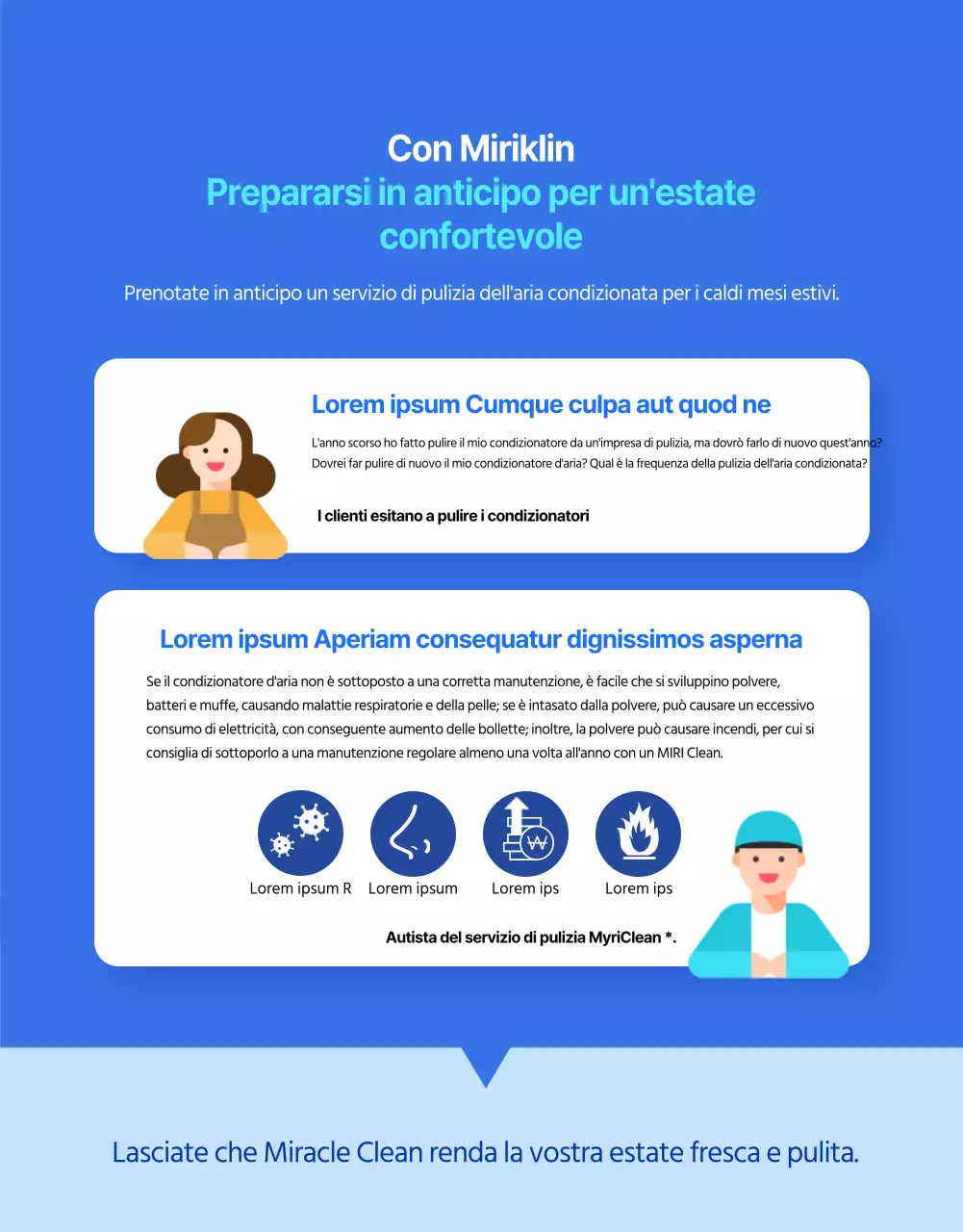 Una semplice pubblicità blu e gialla per la pulizia dei condizionatori d'aria