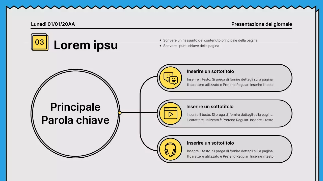 Linee decise e presentazione che attira l'attenzione in un concetto di giornale con accenti di giallo e azzurro