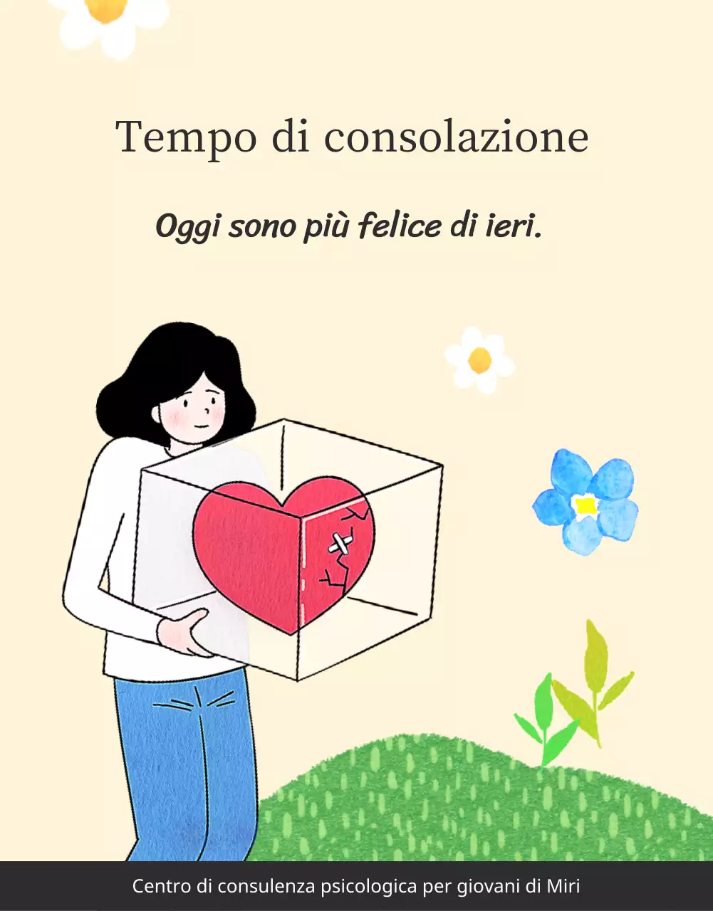 Un centro di consulenza psicologica per giovani con illustrazioni calde e accoglienti in beige e colori primari.