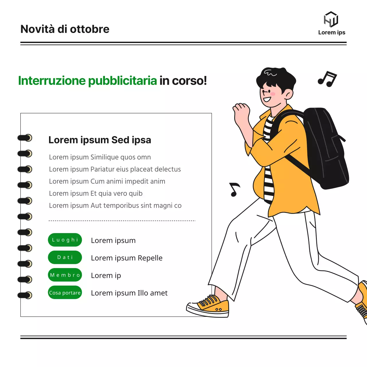 La newsletter mensile di un dipartimento universitario di bachelor con un blog carino, ordinato e semplice in verde e arancione e illustrazioni monotone di Notion.