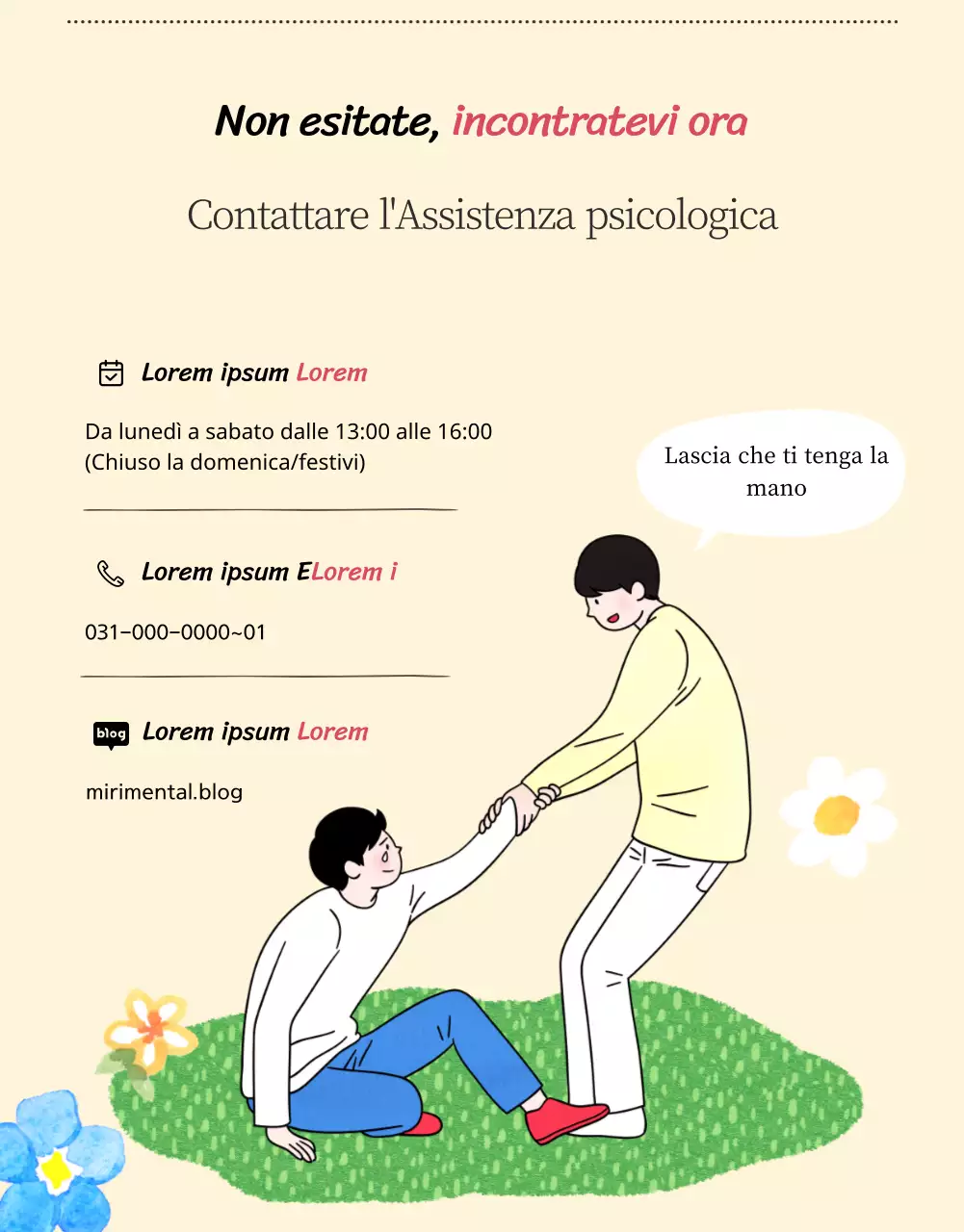 Un centro di consulenza psicologica per giovani con illustrazioni calde e accoglienti in beige e colori primari.