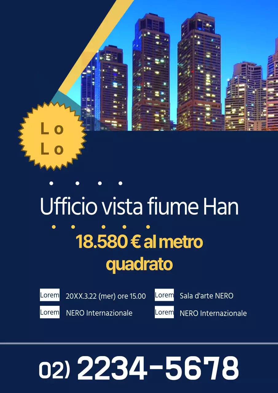 Promuovere la vendita di una menzione di vista sul fiume con una foto di vista notturna in blu.