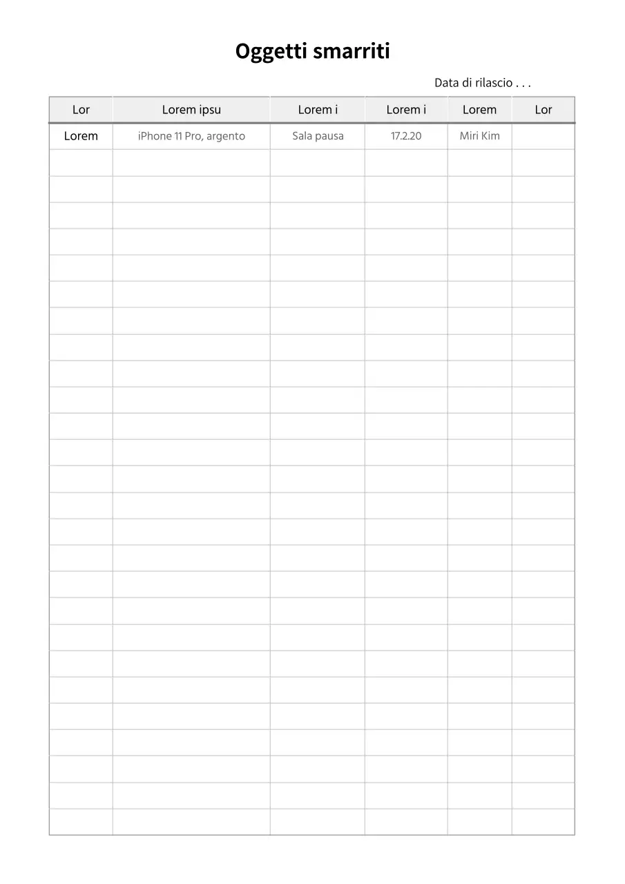 Modello di documentazione di base sugli oggetti smarriti