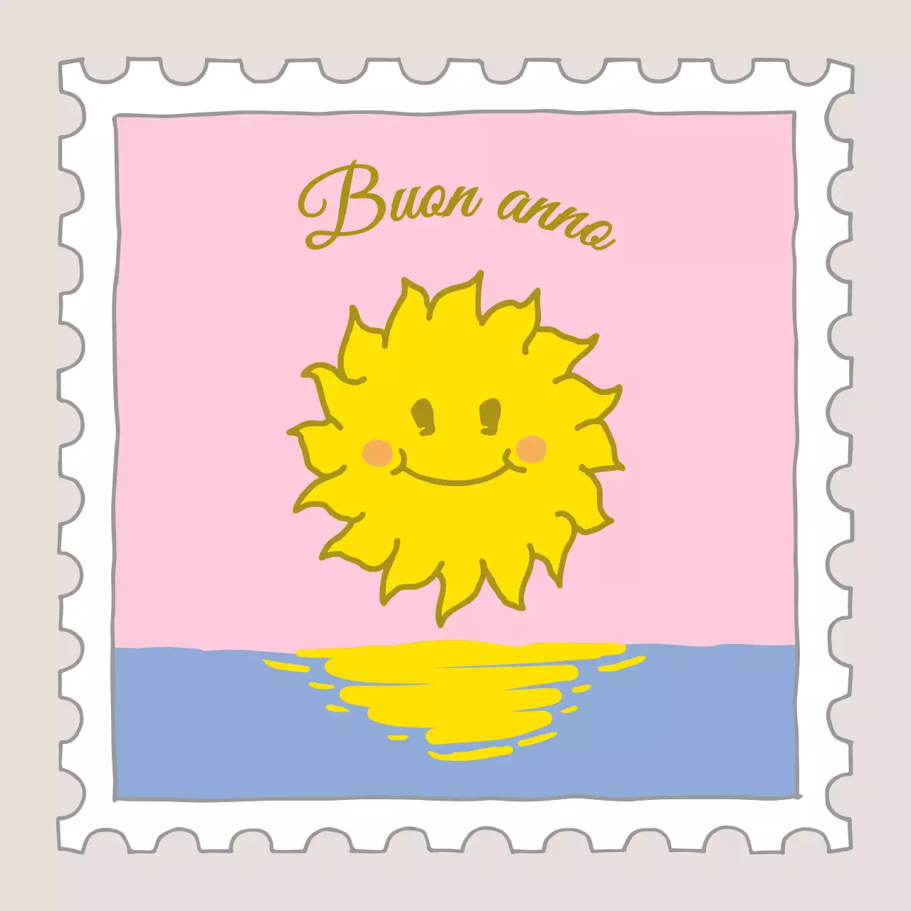 Francobollo di Capodanno con illustrazione del sole rosa e giallo