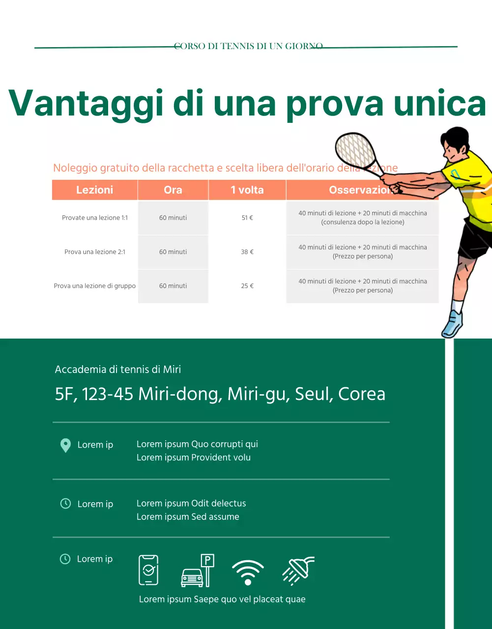 Dettagli del pass giornaliero per il green modern tennis