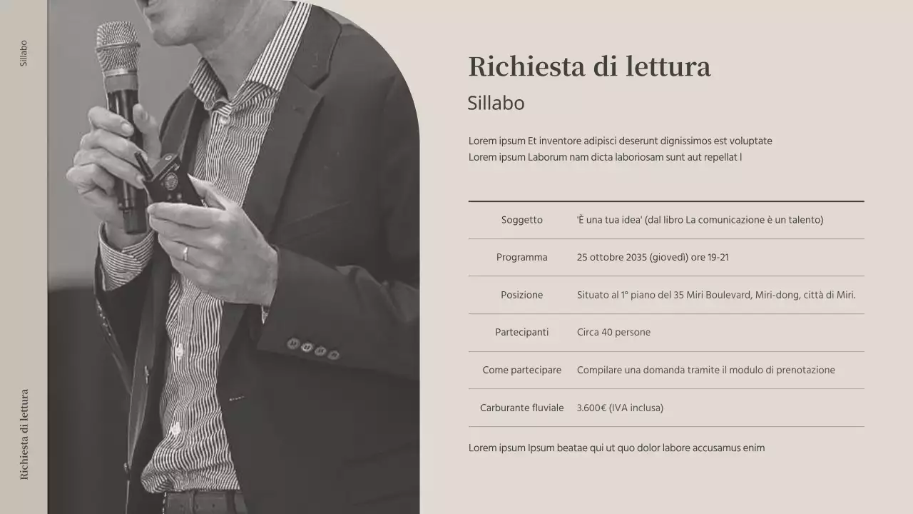 Proposta di una conferenza per gli ospiti in una libreria beige e grigia