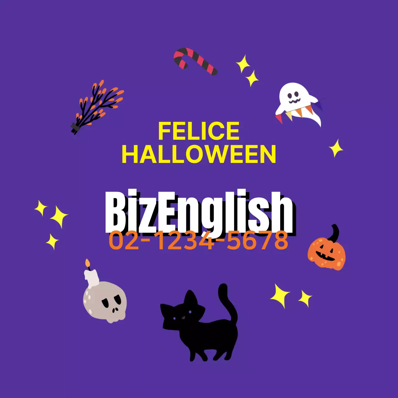 Viola Giallo Arancione Illustrazione Halloween Promozione della scuola di lingua inglese