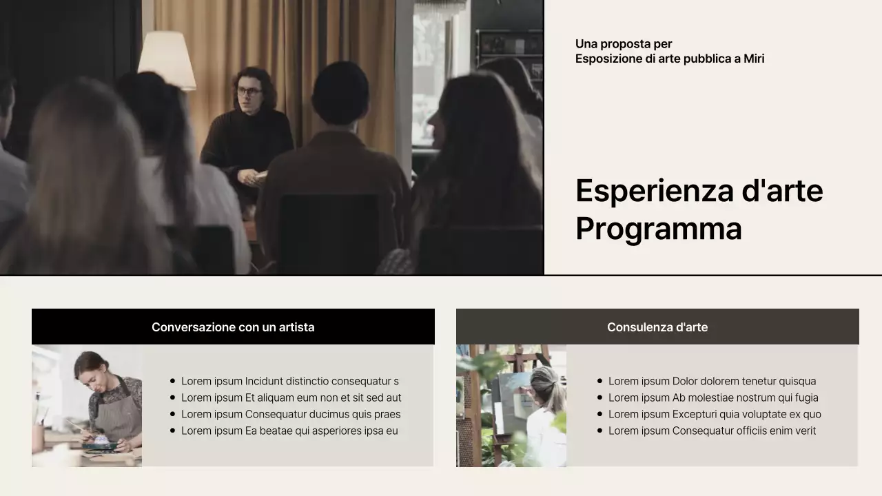 Proposta espositiva con accenti di griglia beige-nera