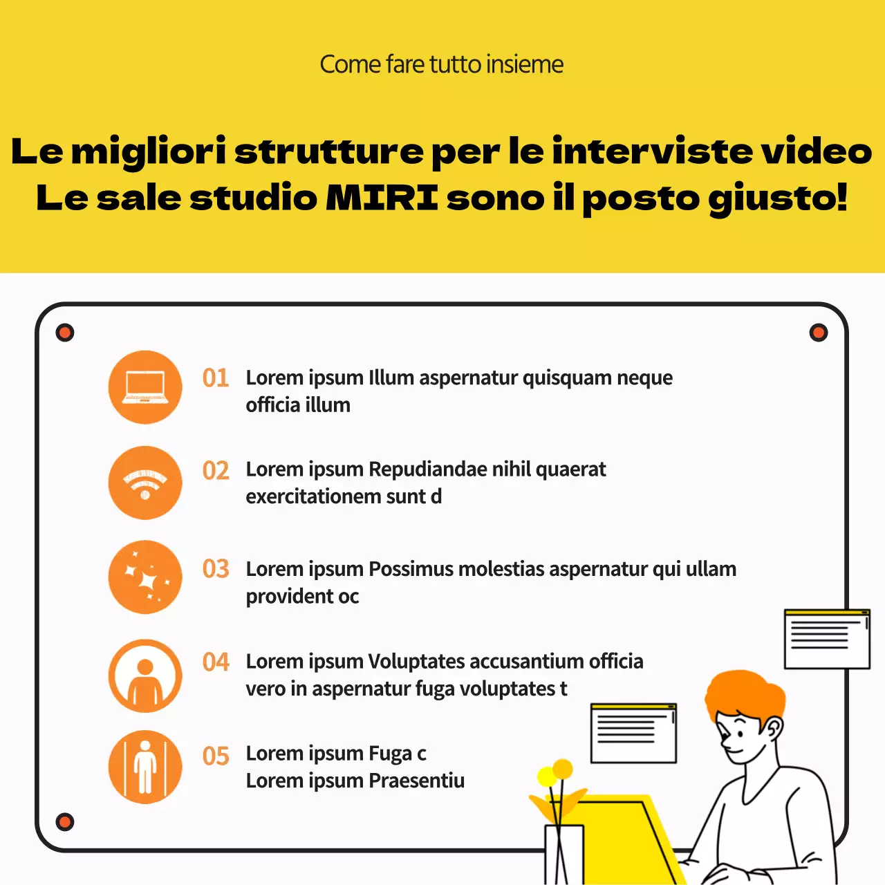 Pubblicizzare e prenotare le sale studio per i colloqui faccia a faccia in giallo e bianco