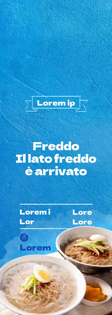 Uno stile semplice in blu e giallo per il menu e la promozione di un ristorante di noodle freddi.