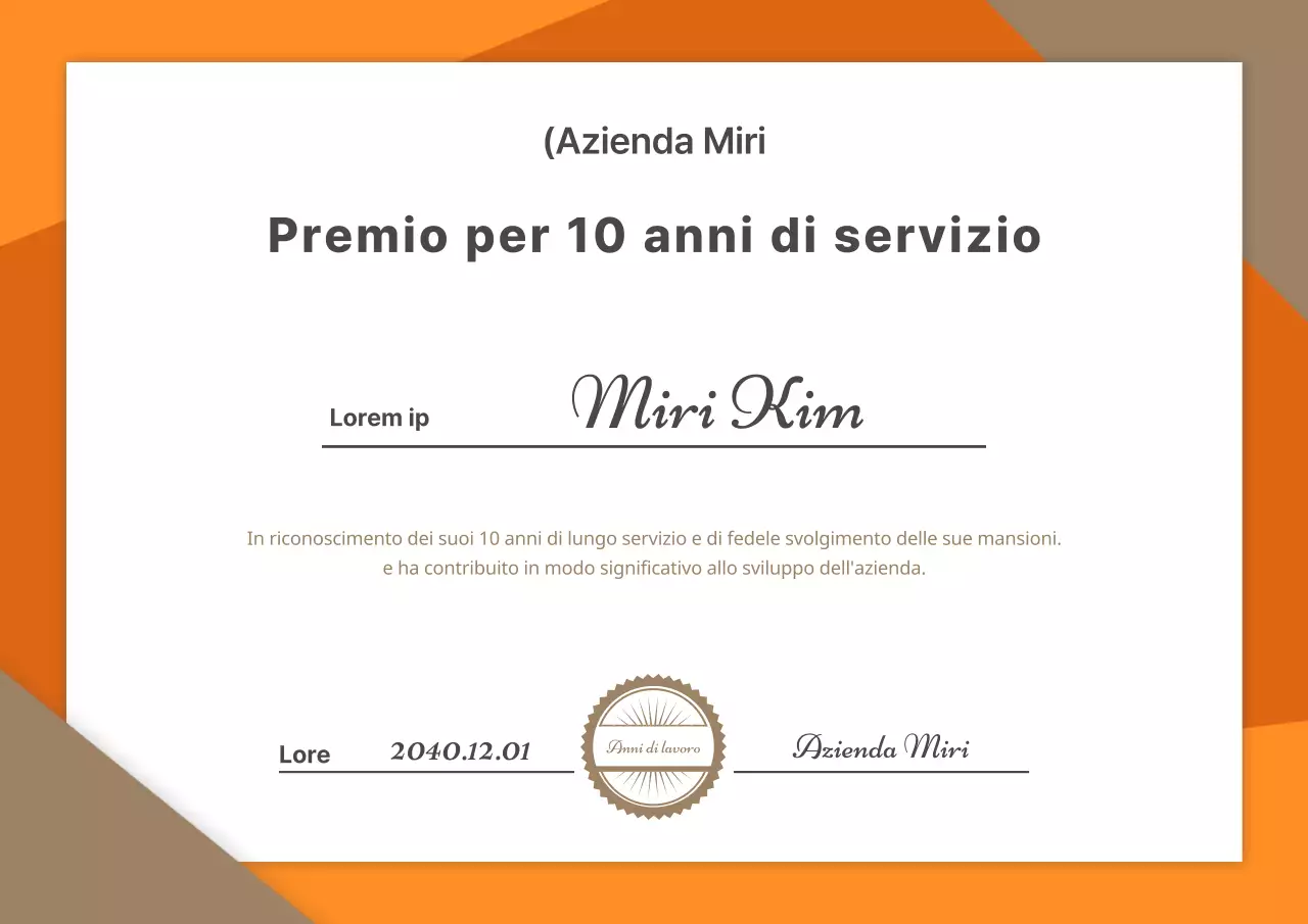 Premio per i 10 anni di servizio con un concetto semplice in oro e arancione