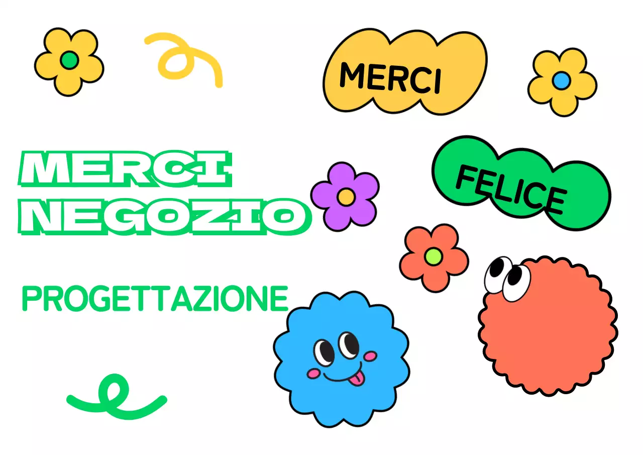Design di un negozio di merci con simpatiche e colorate illustrazioni di personaggi e fiori