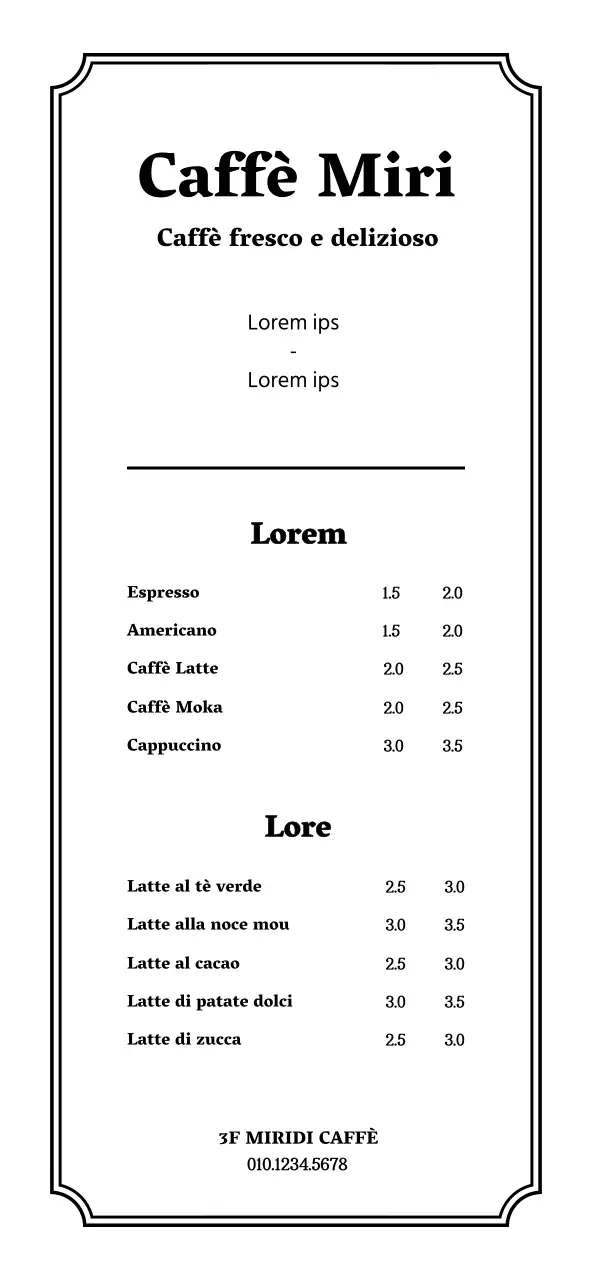 Menu del caffè in stile semplice e pulito con prezzi in bianco e nero