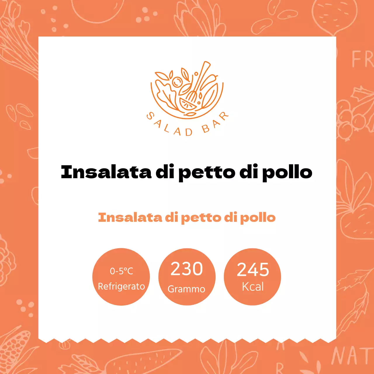 Etichetta dell'insalata con petto di pollo con motivo arancione