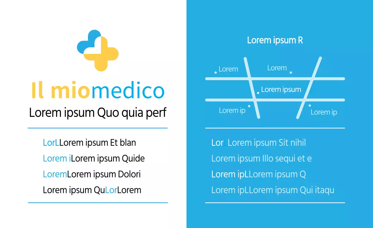 Logo ospedaliero semplice e pulito e combinazione di testo in stile layout giallo e blu con informazioni sull'ospedale