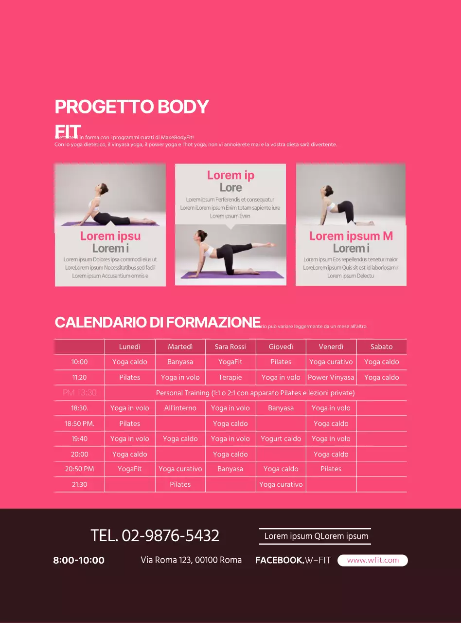 Informazioni e promozione dello yoga in uno stile semplice di colore rosa e bianco.