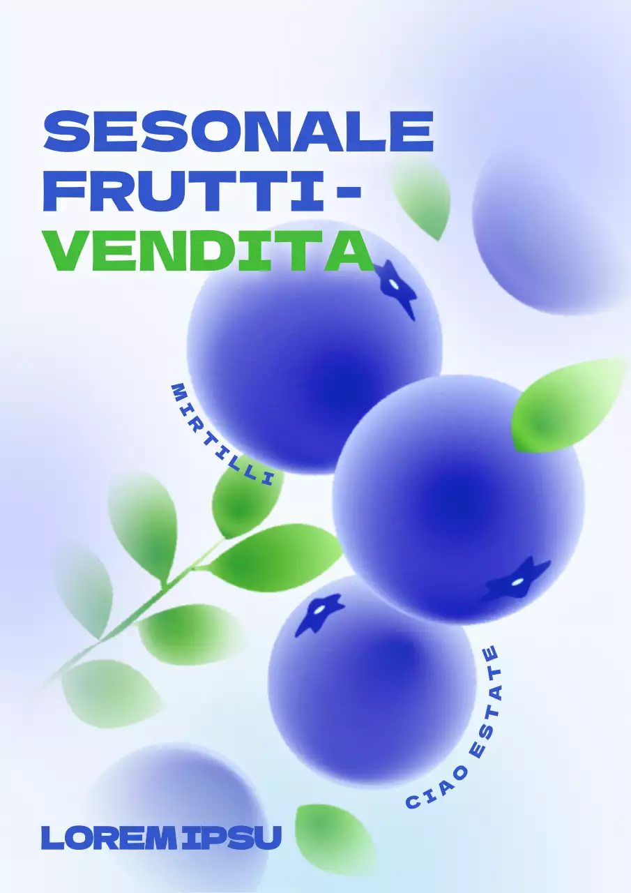 Vendita di menu di frutta stagionale estiva ai mirtilli con simpatiche illustrazioni blu