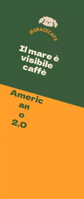 Una simpatica guida al menu e promozione in stile logo di un caffè verde e arancione.