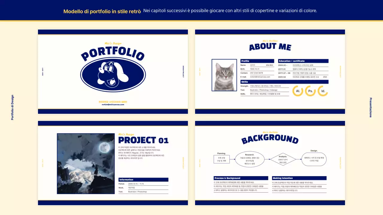 Portafoglio di design per un concetto retrò vintage in blu navy e giallo