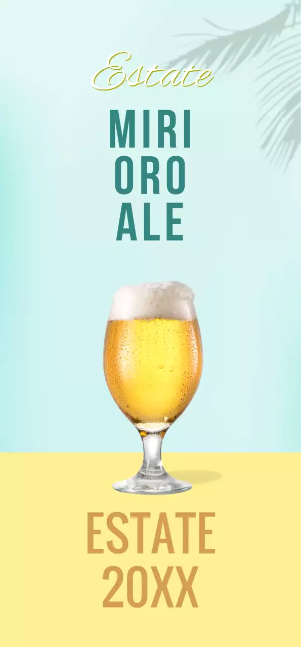 Banner con birra gialla e ombra di palma su sfondo menta