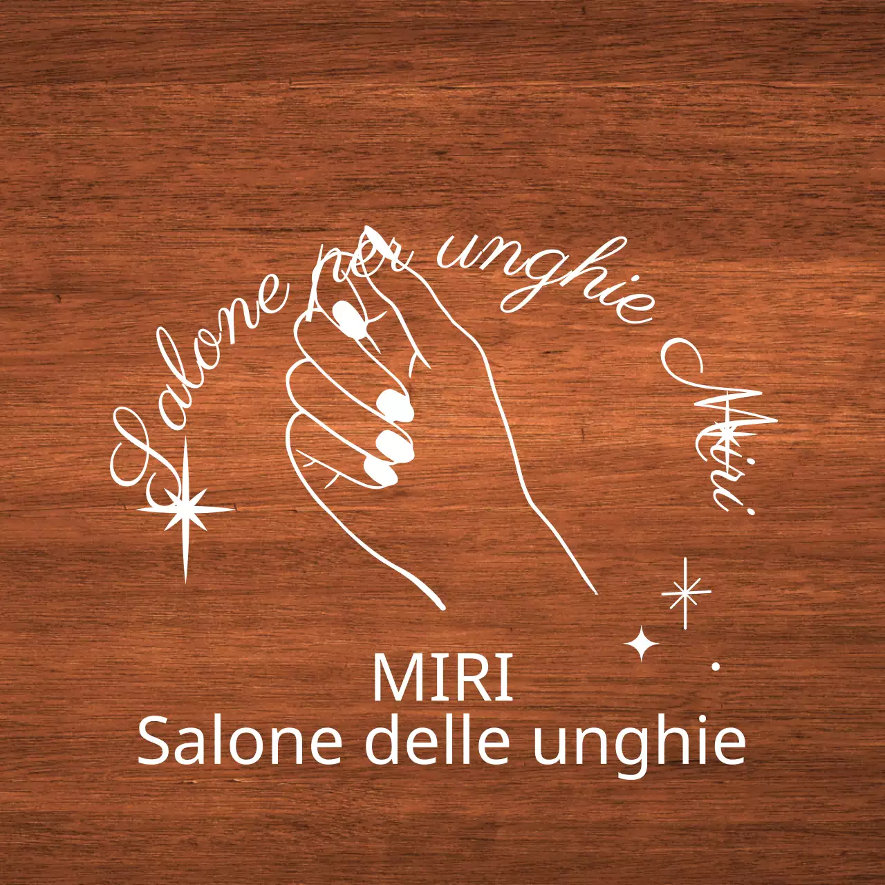 Classica insegna di un salone per unghie con testo bianco e illustrazione di una mano a stella.