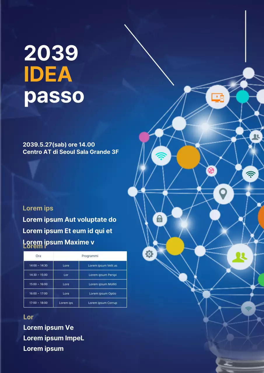 Un volantino colorato e blu per un seminario aziendale