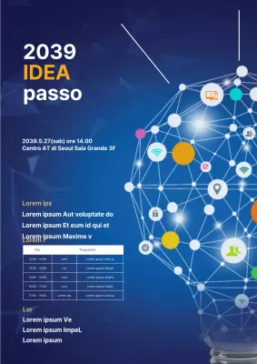 Un volantino colorato e blu per un seminario aziendale