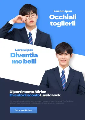 Promozione di un evento per la chirurgia Lasik dell'occhio diagonale con un modello maschile in blu.
