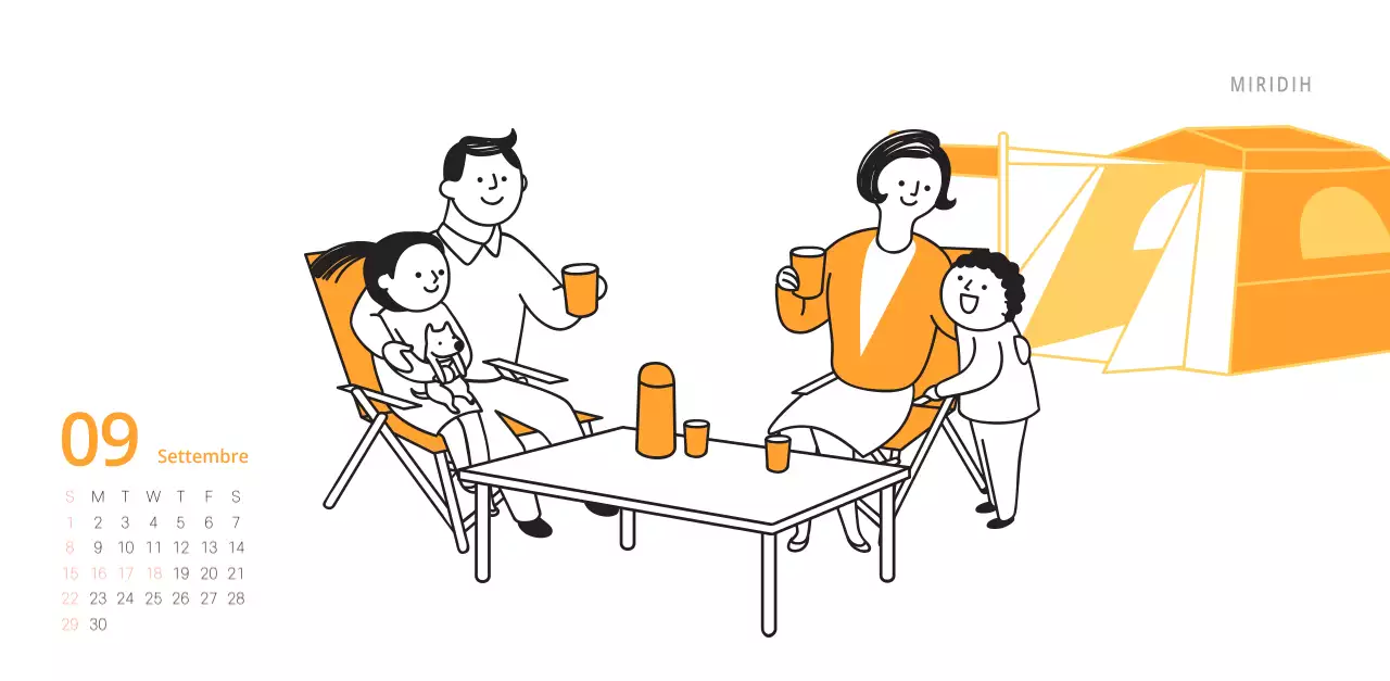 Simpatico calendario da tavolo illustrato verde a tema famiglia